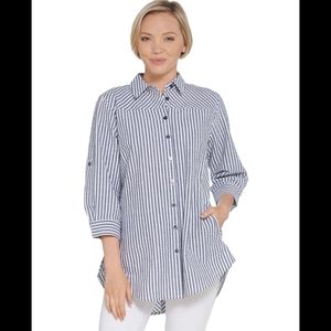 Joan Rivers 3/4 Sleeve Seersucker Shirt with Back Buttons, XL, Coastal Grandma